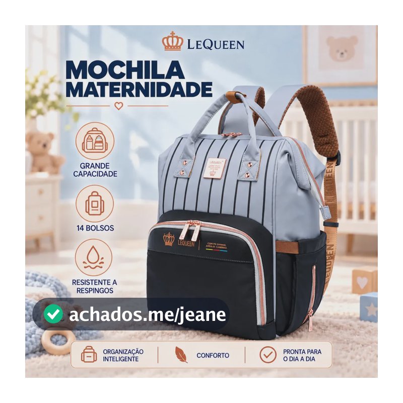Mochila Maternidade Lequeen Cinza Listrada Espaçosa Original 23L Saquinho Maternidade Feminina Masculina Frasqueira Bebe Bolsa Maternidade Luxo