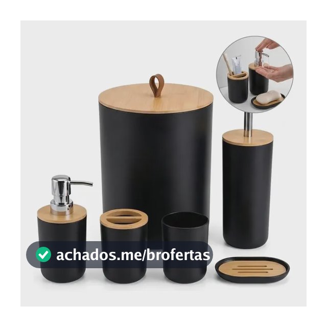 Kit Conjunto Banheiro 6 Peças Lixeira Com Tampa Bambu Plástico Organizador Decoração Lavabo Suporte Sabonete Liquido Escova De Dente Lixo Escova De Vaso Sanitario Preto Shokki