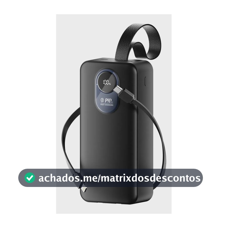 Power Bank Basike 30.000mAh Portátil, Carregamento Rápido 22.5W, com Cabos Embutidos e Display LED para iPhone e Samsung