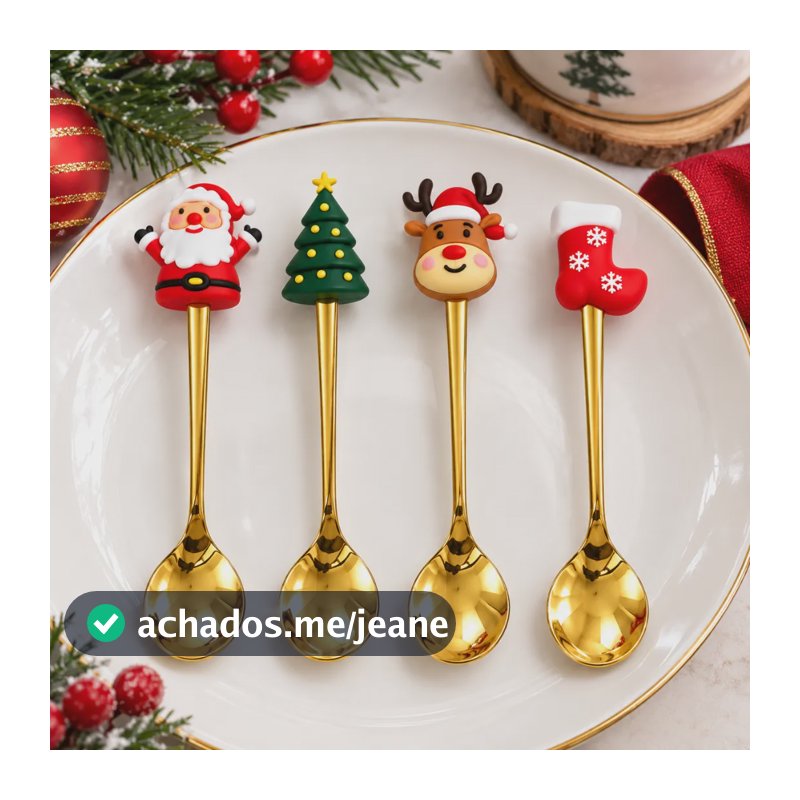 Kit 4 Talheres Natalinos Dourados Decorativos Sobremesa Inox Colher Dourada