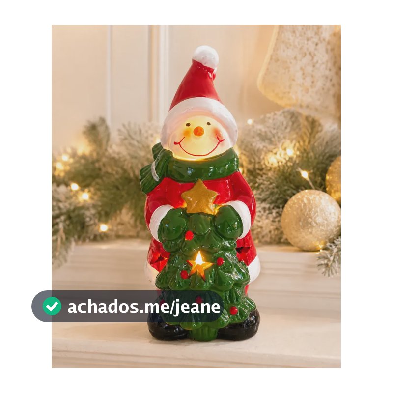 Boneco Neve Cerâmica Natal Led Enfeite Iluminado Estrela Top Vermelho Bateria
