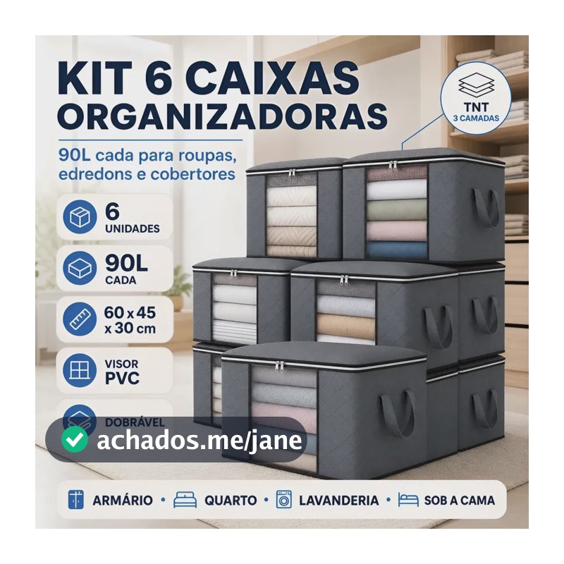 Kit 6 Caixas Organizadoras 90l Roupas E Edredons Com Tampa Cinza-escuro