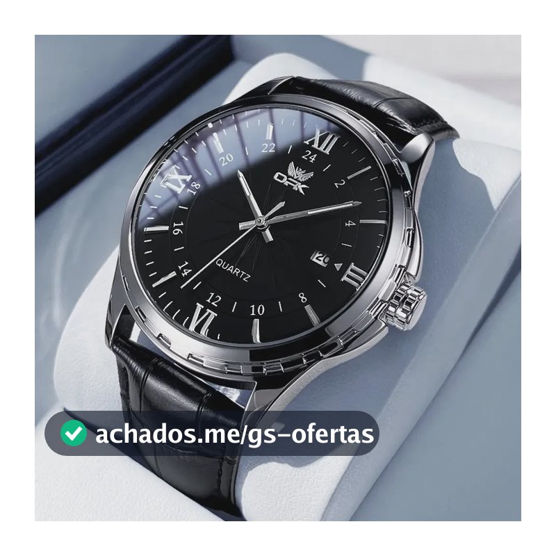 Opk Relógio Masculino Preto Couro Luminoso Quartzo 6003 Bisel Prateado