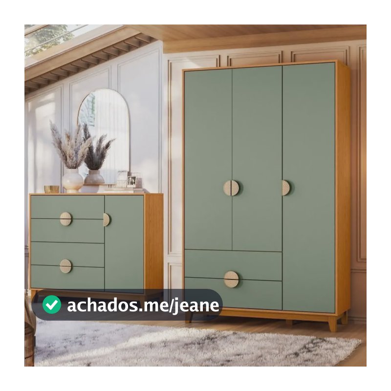 Conjunto De Quarto Com Guarda-roupa E Cômoda Ipê Cinamomo Sálvia