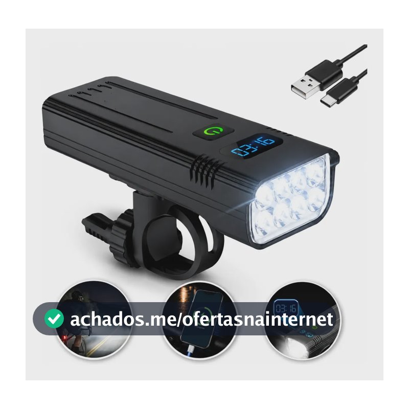 Farol Bike Led T6 Recarregável Lanterna Usb Forte Powerbank Preto