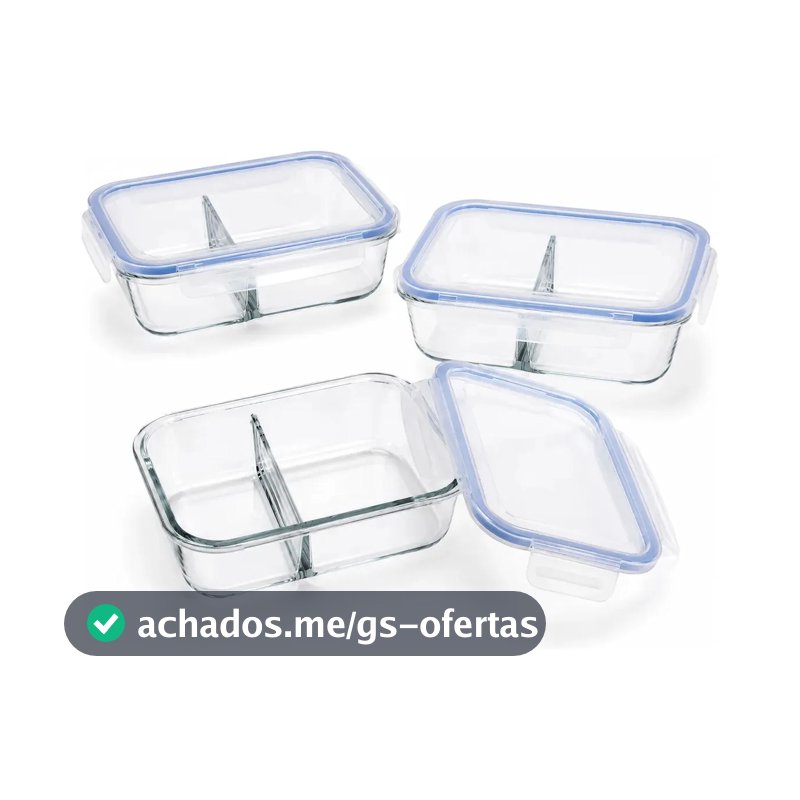 Conjunto 3 Potes Hermético Vidro C/ Divisória Marmita 640ml Transparente