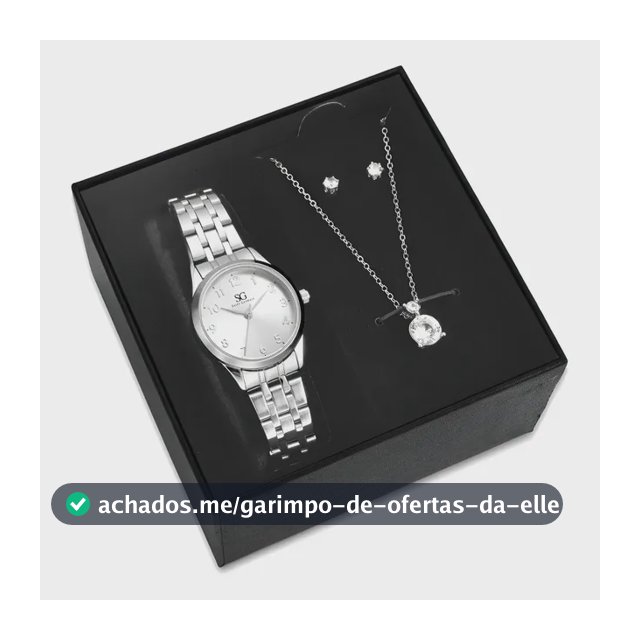 Kit Relógio Colar E Brincos Ponto De Luz Feminino Luxo Silver Saint Germain Presente Original Joias Prata Elegante Clássico 28mm