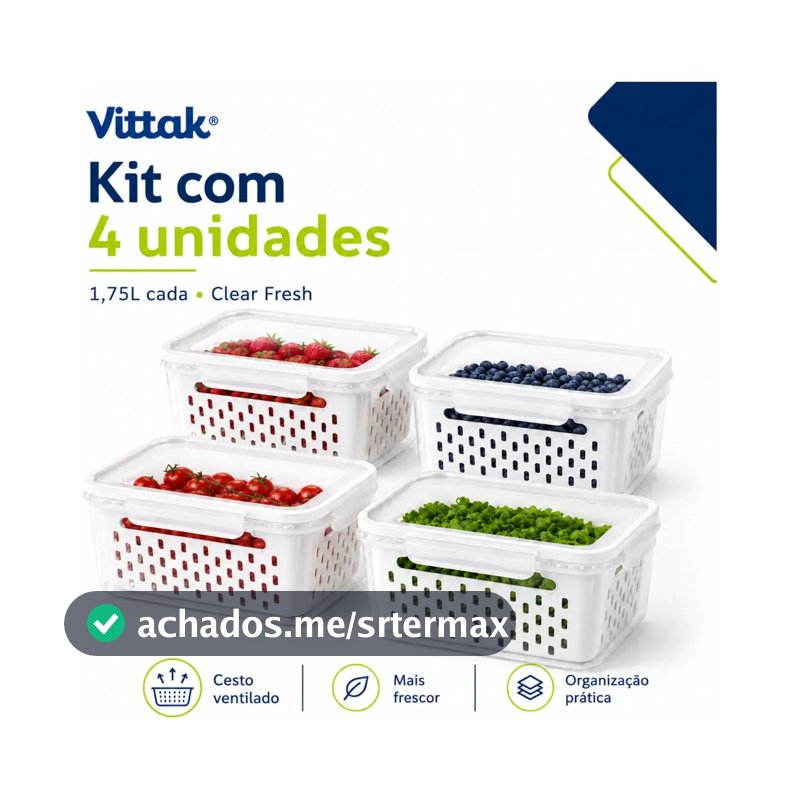 Vittak Kit 4 Organizadores De Geladeira 1,75l Porta Legumes Frutas Verduras Clear Fresh