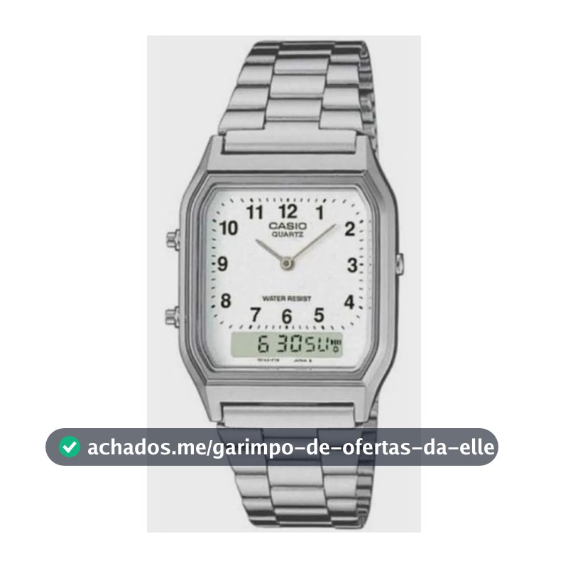 Relógio Casio Vintage Prata AQ230 7BMQ Fundo Branco Caixa e Pulseira em Aço Anadigi