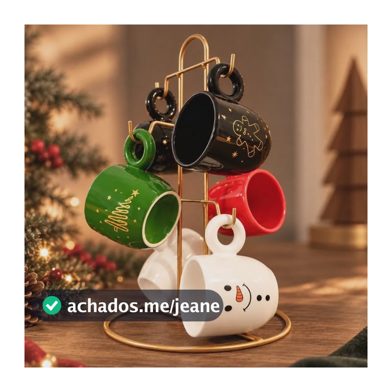 Kit 6 Canecas De Natal 120ml | Xícaras Com Suporte Dourado Branco / Preto / Verde / Vermelho
