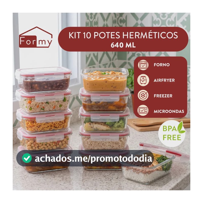 Kit 10 Pote De Vidro Marmita Hermético 640ml Freezer Fitness Borossilicato 4 Travas Micro-ondas Azul-Escuro