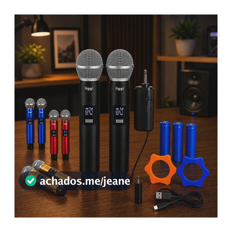 Kit 2 Microfones Sem Fio LIGGI Recarregáveis UHF Com Led Para Karaokê e Palestras