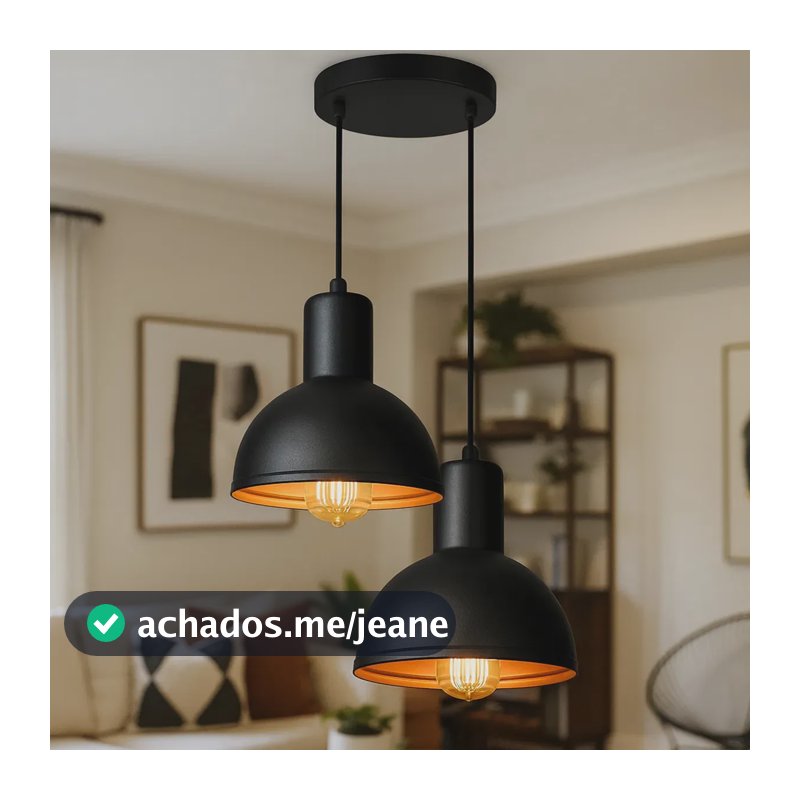 Luminária Lustre Pendente Joana Dupla Preto e Cobre Moderna Para Teto Sala Cozinha Bancada Gourmet Quarto Decoração - Bivolt - 110-220V