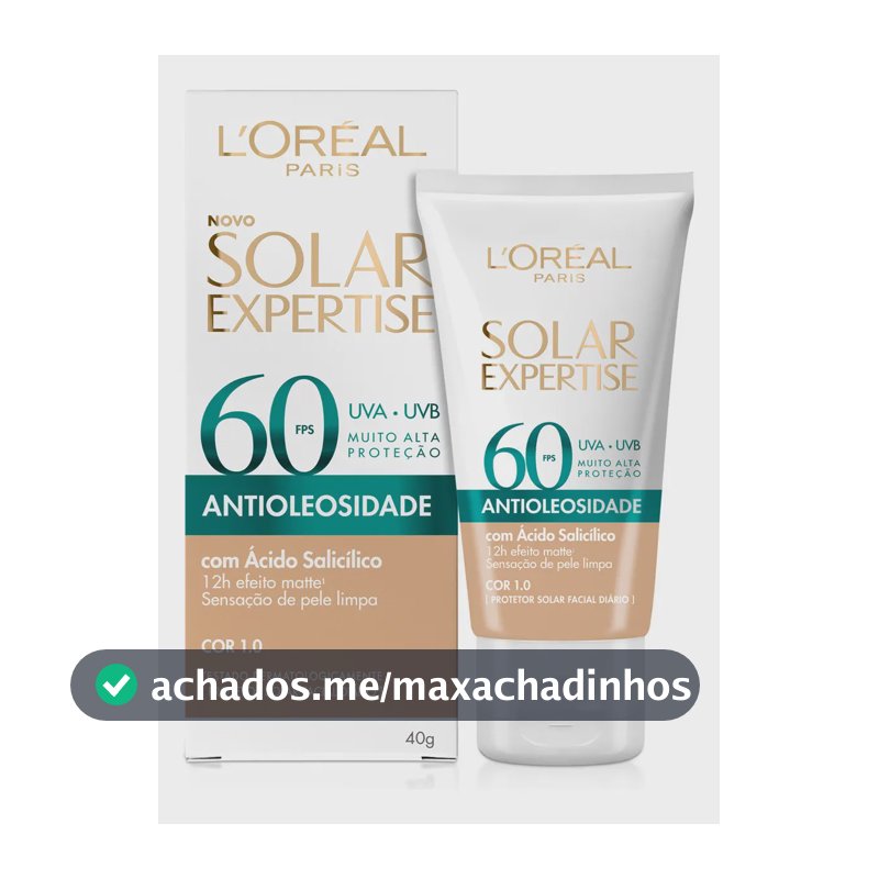 L'Oréal Paris Solar Expertise Antioleosidade, Protetor Solar Facial com FPS 60, 12h de Efeito Matte com Ácido Salicílico, Cor 1.0, 40g