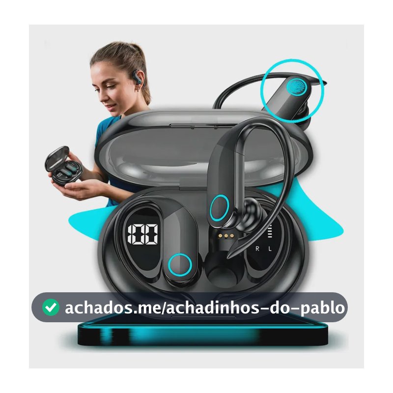 Fone de Ouvido Bluetooth 5.3 Sem Fio Tws Com Microfone Hd Gancho Ergonômico Esportivo Resistente A Água Display Digital Led Bateria Longa Duração Compatível Com Todos Celulares Preto