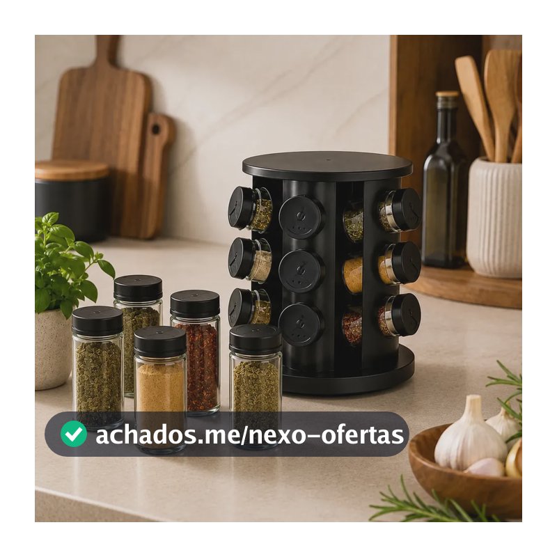Porta Temperos Giratório 12 Potes De Vidro Condimentos Preto Preto