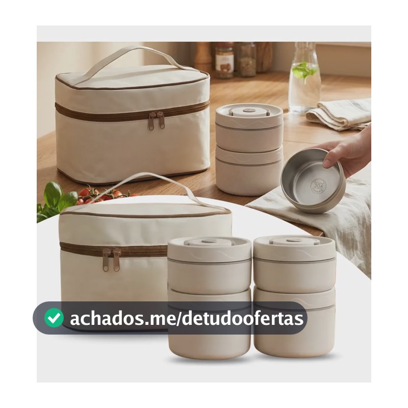 Kit 4 Marmitas Térmicas Inox Com Bolsa Transporte Bege