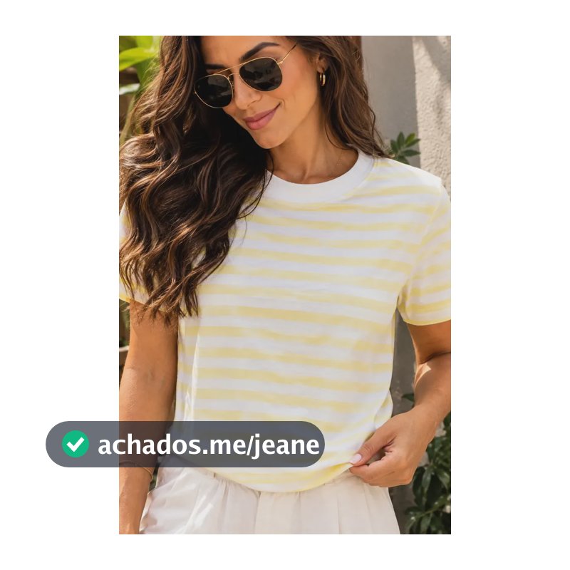 Camiseta Feminina Listrada Amarela Manga Curta Gola Redonda Branco Único Listrado