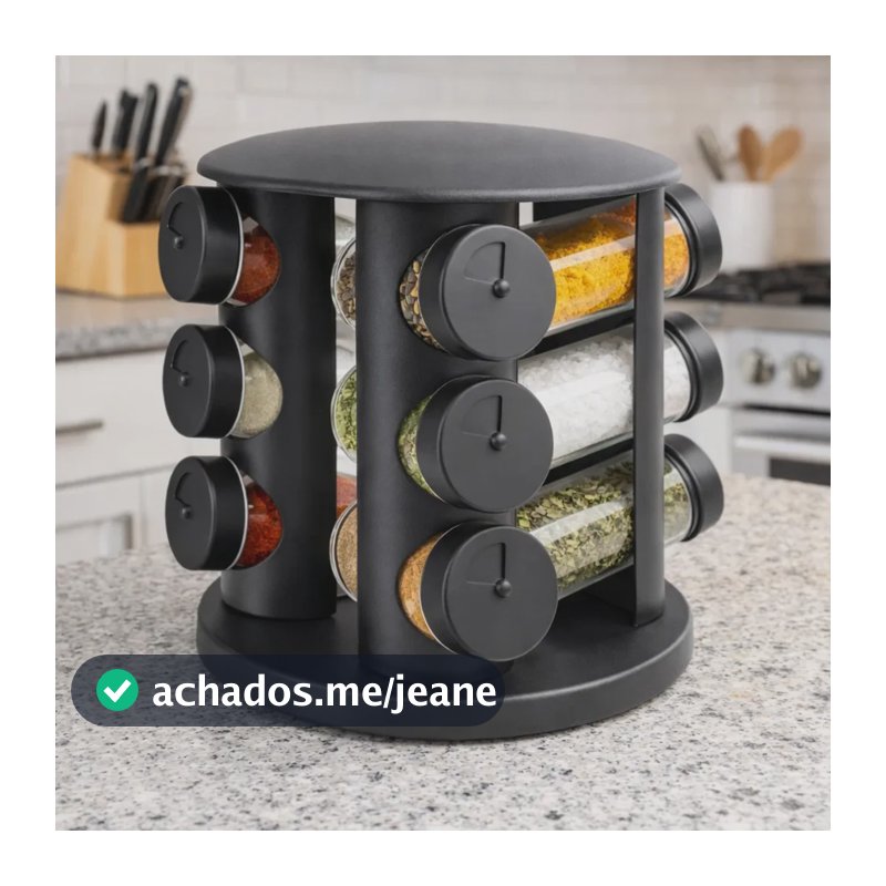 Porta Tempero Giratório Condimento Preto 12 Frascos De Vidro Preto