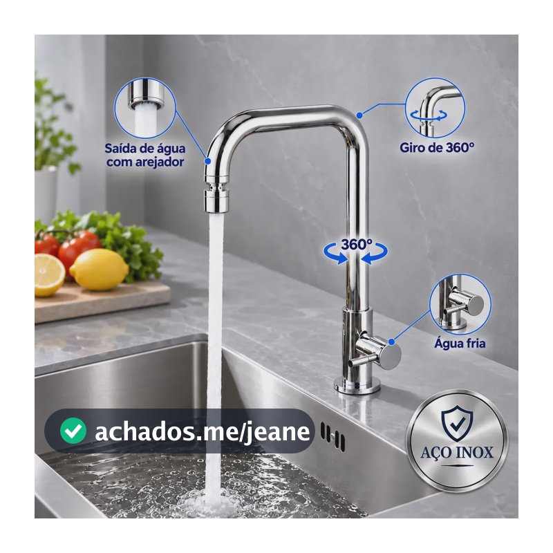 Torneira para Cozinha Inox Cromada Água Fria com Arejador Bica Alta Móvel Corpo Giratório