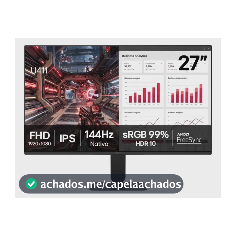 Monitor LG FHD Gamer & Office tela IPS 27”, 1ms (MBR), 144Hz Nativo, FreeSync, HDR10, sRGB, Modo leitura, Flicker Safe, HDMI, Black Stabilizer, Dynamic Action Sync, Preto - 27U411B