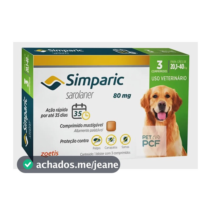 Simparic 20 A 40kg - Antipulgas E Carrapatos (3 Comprimidos)