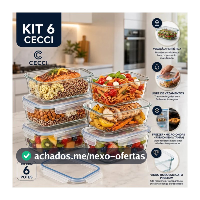 Kit 6 Potes de Vidro Herméticos Retangulares 640 mL para Marmita, Freezer e Organização
