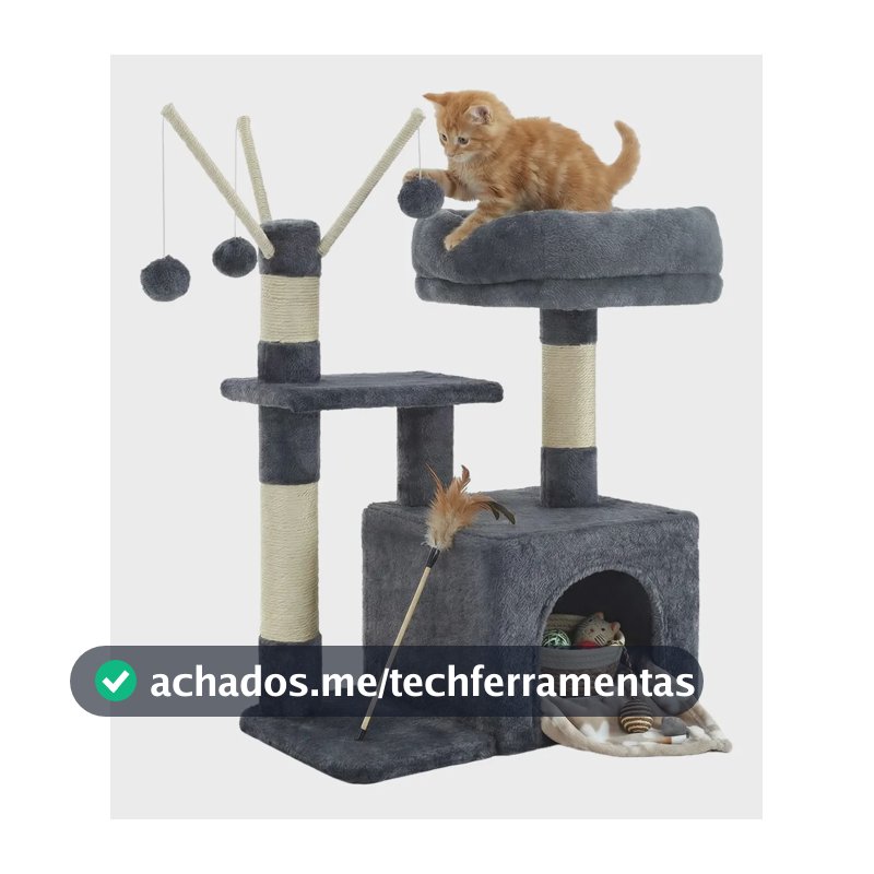 Arranhador Para Gatos Com 3 Pompoms, Casa Para Gatos Pequena Cor Cinza