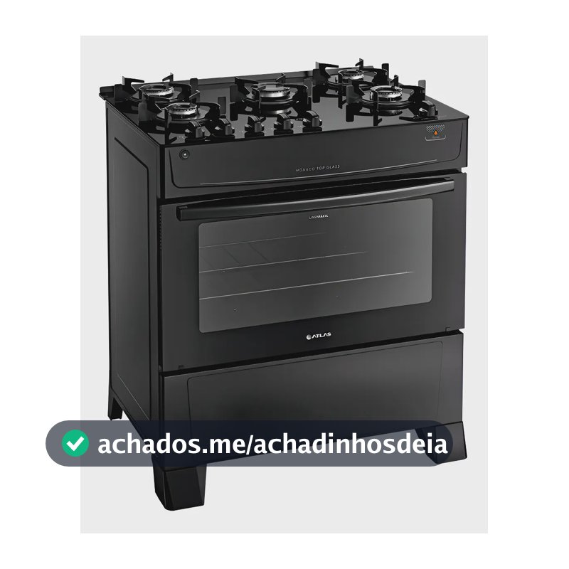 Fogão Atlas 5 Bocas preto Mônaco Top Glass com Acendimento automático