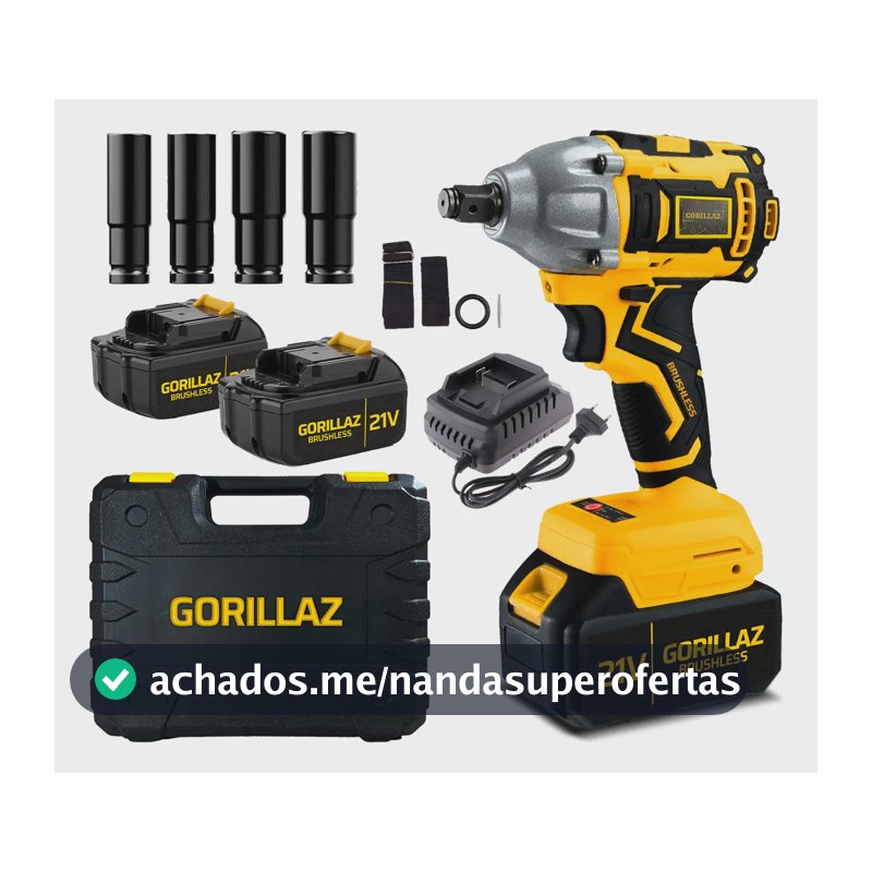 Parafusadeira Chave de Impacto Gorillaz Brushless 21V Com 2 Baterias e Soquetes