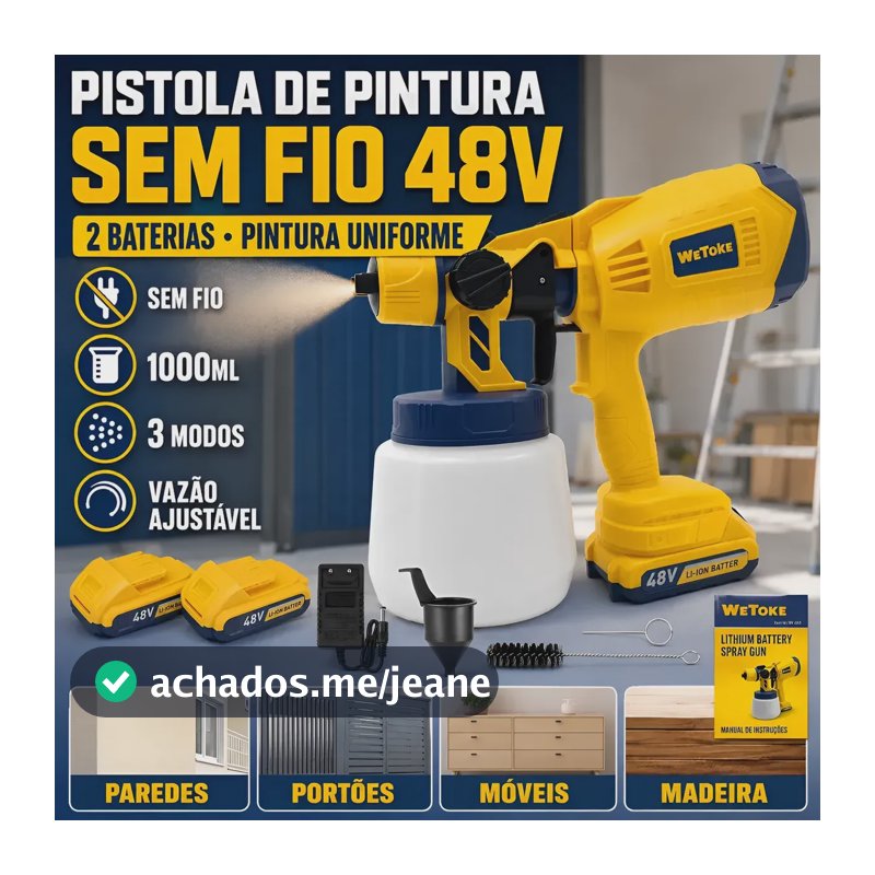 Pistola Pulverizadora Tinta Bateria 48v 2 Baterias 1000ml Amarelo 127/220v