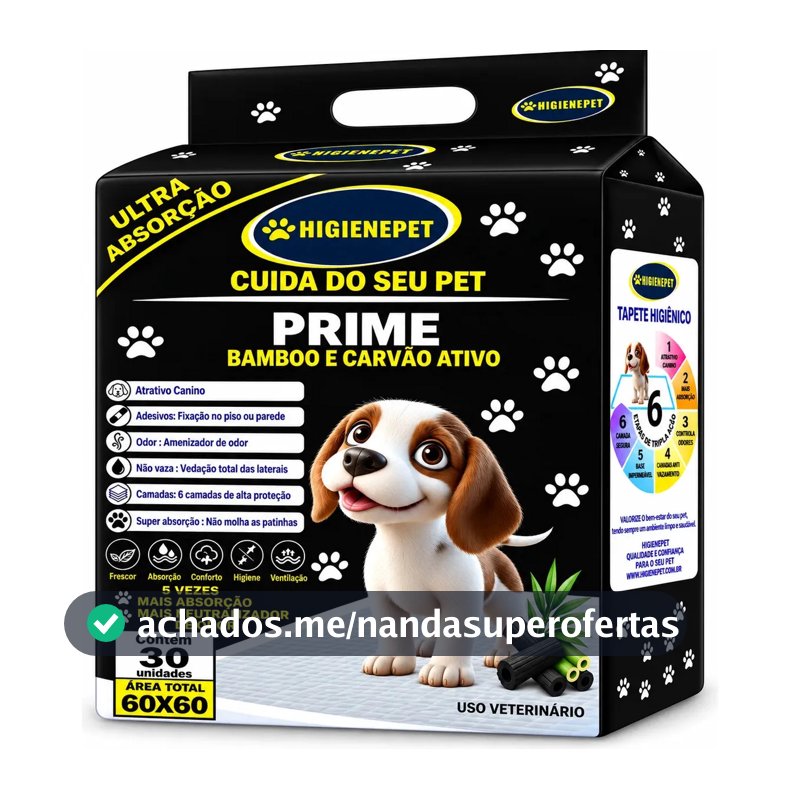 Tapete Higiênico Higienepet P/ Cães 60x60cm 30 Unidades Carvão Bamboo
