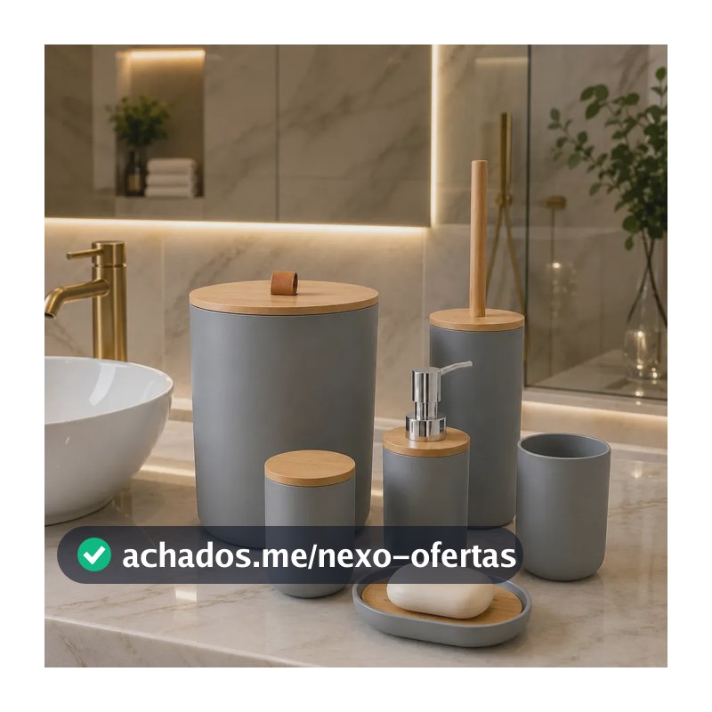 Kit de Acessórios para Banheiro Luxena com 6 Peças, Design Moderno e Detalhes em Bambu Cinza