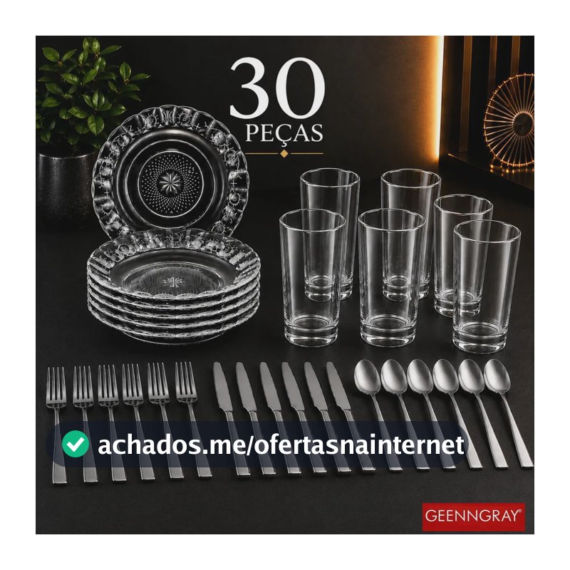 Aparelho Jantar Completo Jogo 30 Peças Pratos Fundos Lisa + Copos Vidro Liso + Talheres Inox Mesa Posta Geenngray
