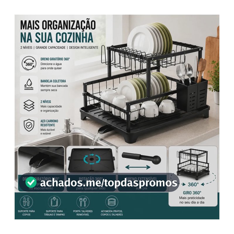 Escorredor de Louça Inox 2 Andares Preto para 16 Pratos com Bandeja e Bico Giratório 360º