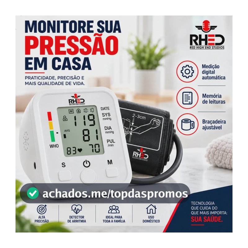 Aparelho Medidor de Pressão Arterial Aferidor Monitor Digital Uso Doméstico Automático Residencial Pressão De Braço Braçadeira Pulso Manguito Ajustável Memória Leitura Adultos Crianças Portátil