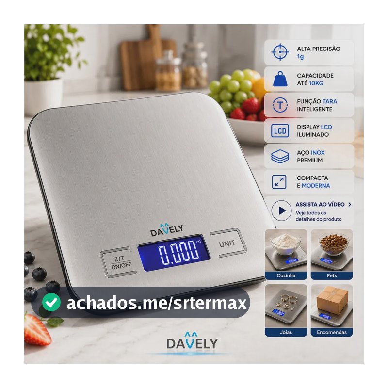 Balança Digital Cozinha 10kg Touch Alta Precisão Portátil Balança de Cozinha Profissional Para Pesar Alimentos Confeitaria Dieta Fitness Nutricional Eletrônica Display LCD Aço Inox Função Tara Davely