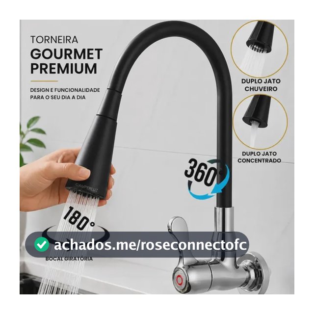 Torneira Gourmet Luxo Flexível Cozinha Parede 2 Jatos Pia Metal Cor Aço Inox e Preto- Marca Camperluz