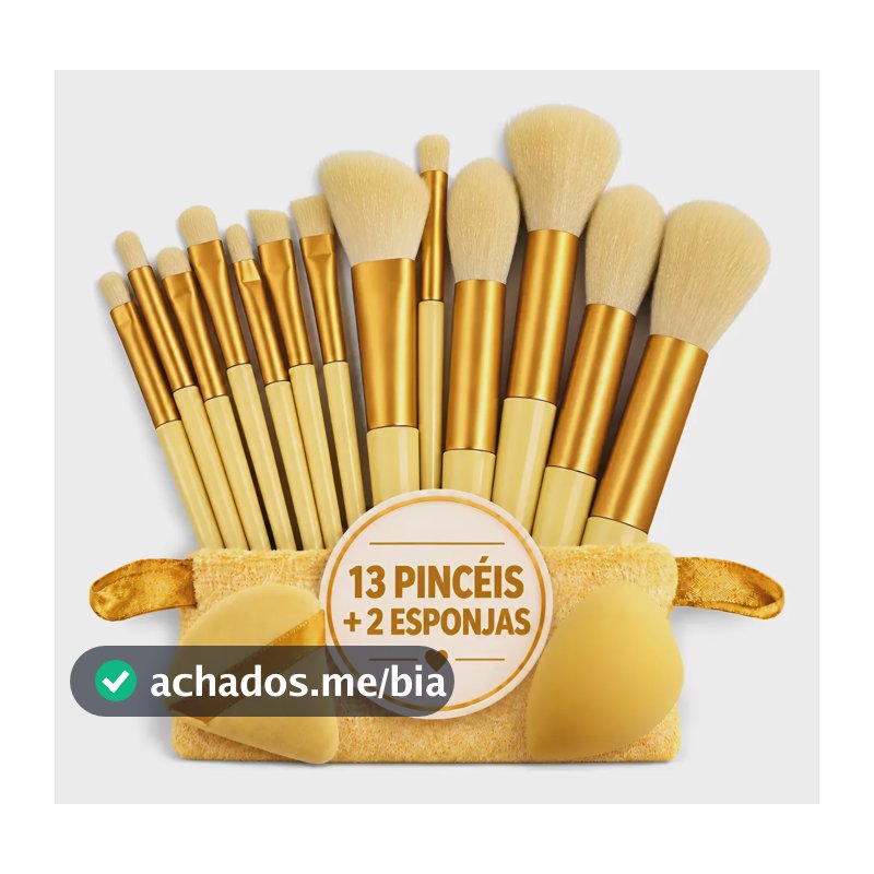 Kit Pincéis De Maquiagem 15 Peças: 13 Pincéis + 2 Esponjas Amarelo