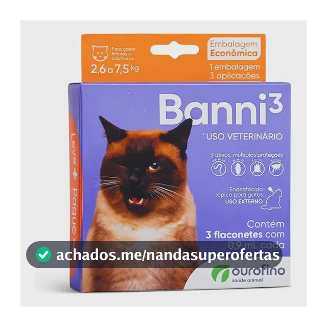 Banni3 Ourofino Antipulgas e Vermífugo para Gatos 2,6 a 7,5kg 0,9ml 3 Pipetas