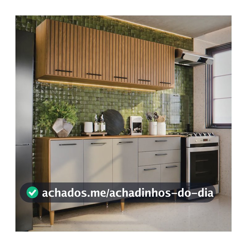 Armário de Cozinha Compacta Modulada Com Balcão e Aéreo, 140 cm, 10 Portas e 2 Gavetas, Ripado 3D Cinza Grafite