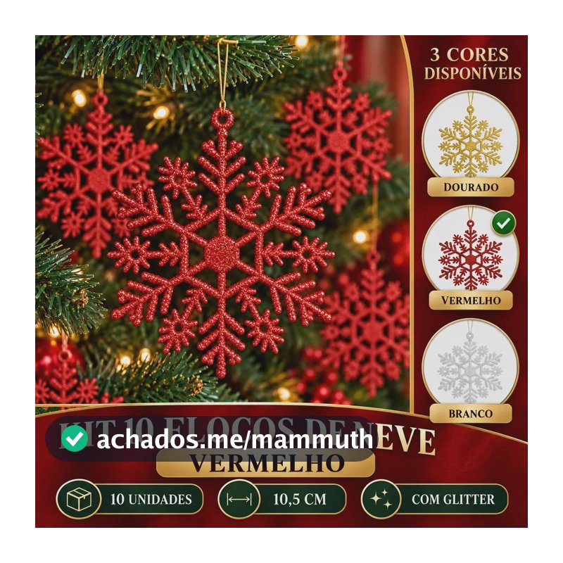 Flocos De Neve 10 Pingentes Grande C/ Glitter Decoração Enfeite Árvore Natal Luvinco Vermelho