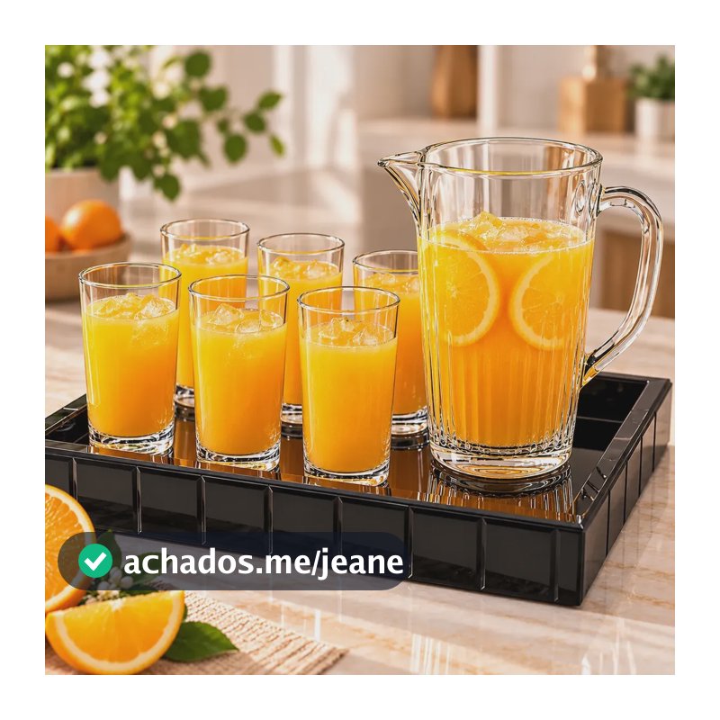 Kit Jarra 1,250l E 6 Copos 330ml 7 Peças Vidro Suco Àgua Chá Vidro Transparente