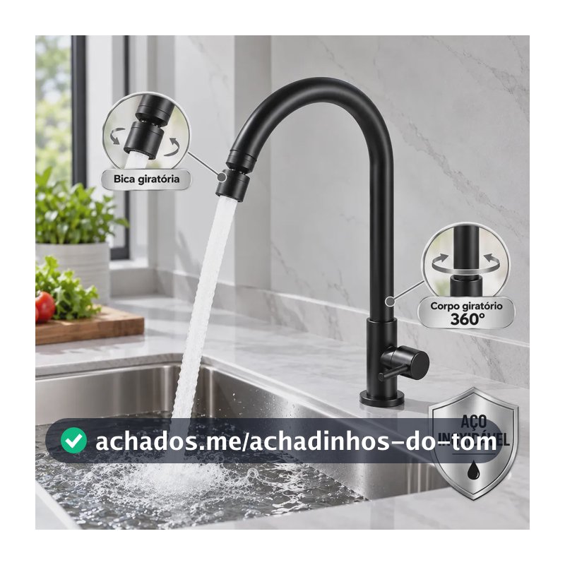 Torneira para Cozinha Inox Preta Fosca de Bancada Água Fria Bica Alta e Corpo Giratórios