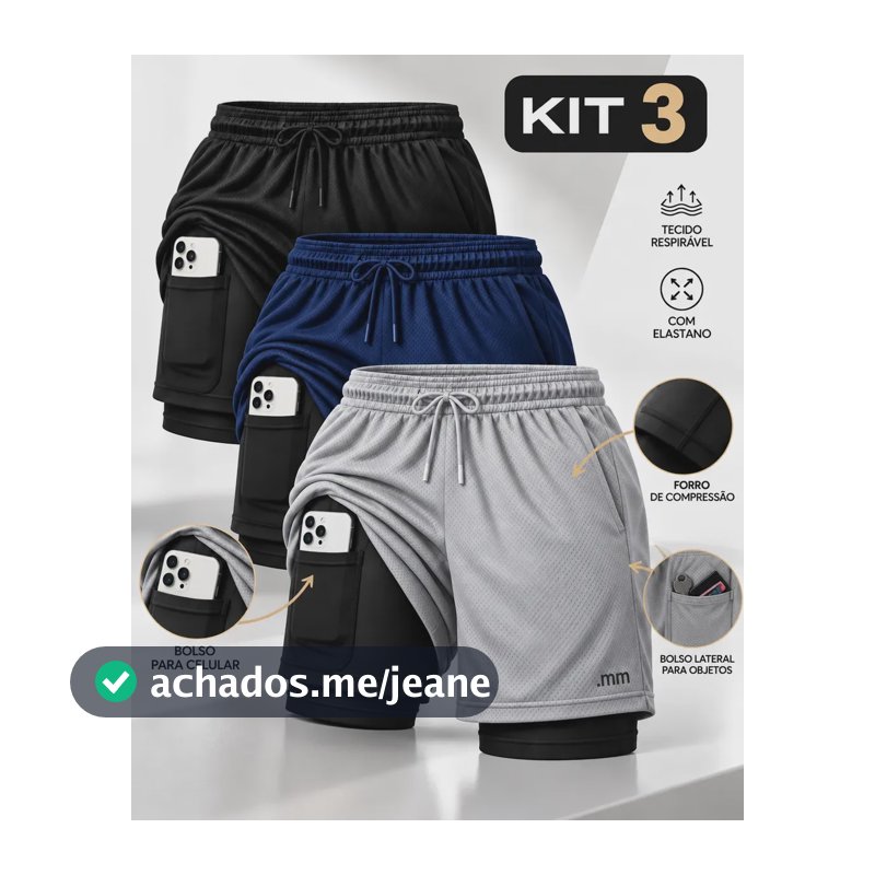 Kit 3 Bermudas 2 Em 1 Short Duplo Masculino Academia Treino Preto-cinza-marinho Liso G