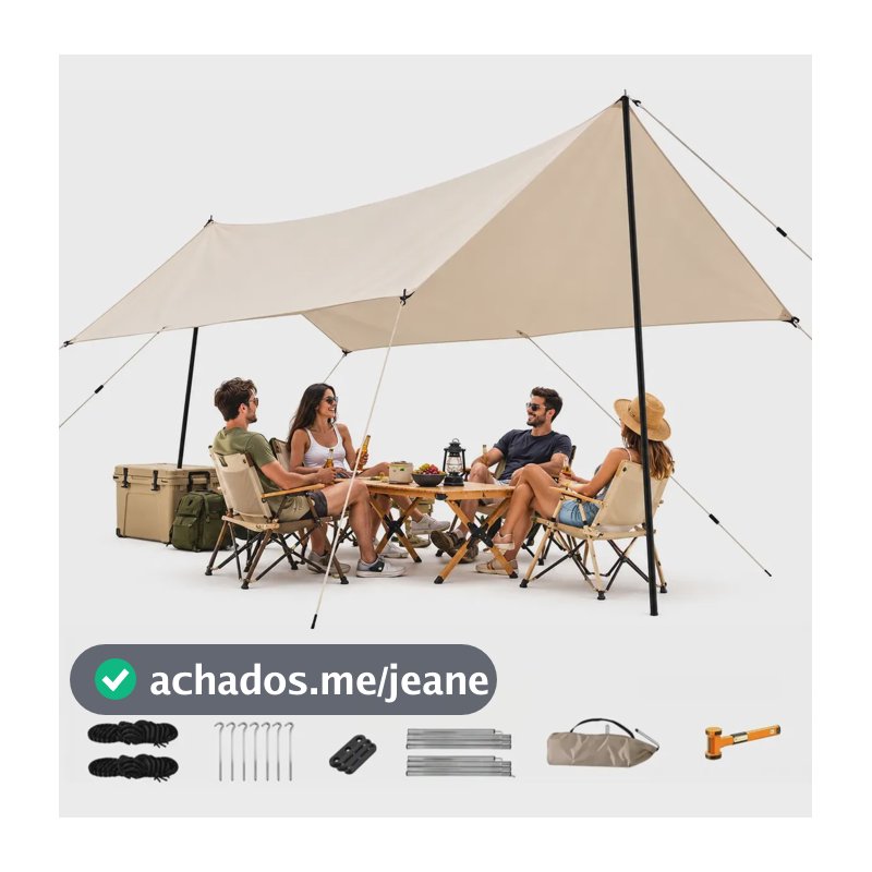 Tarp Camping Lona 3x5m Impermeável Upf50+ Kit Completo Bege