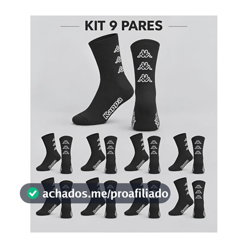 Kit 9 Pares Meias Kappa Algodão Cano Médio Conforto Original Preto 38-43