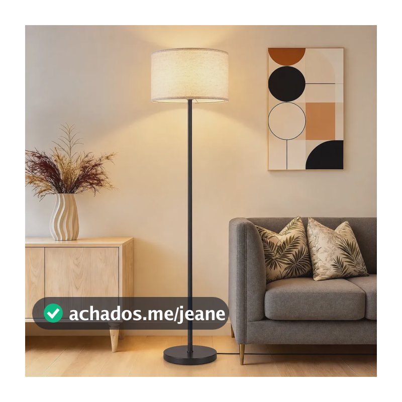 Luminária de Chão Tieesa, Coluna de Metal Preta com Cúpula de Tecido Bege para Sala e Quarto