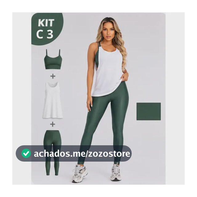 Kit 3 Peça Fitness Roupa Academia Legging + Cropped + Regata Verde Militar G