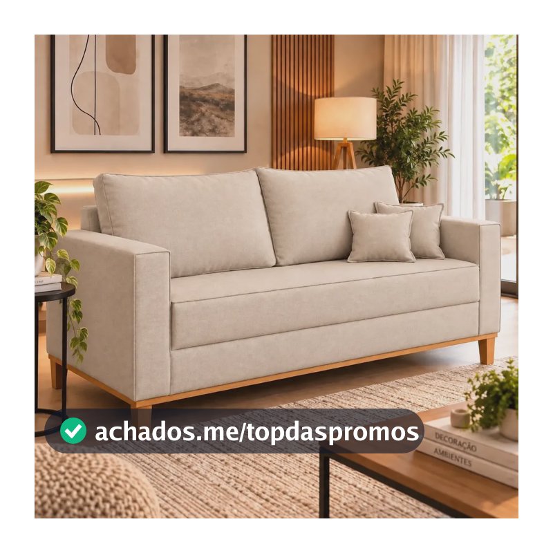 Poltrona 2 Lugares Beny Linho Pés E Base Em Madeira Sala Ap Bege